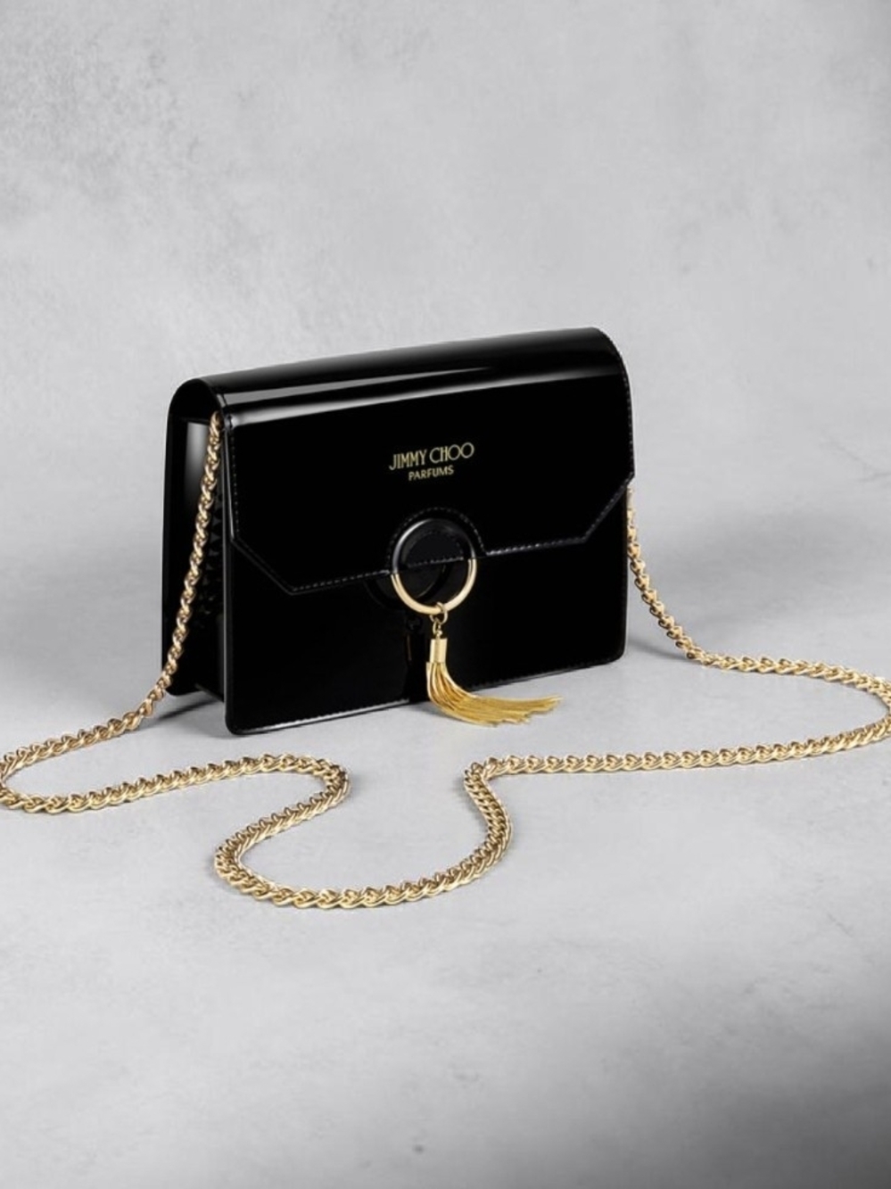 Jimmy Choo Black Patent Evening Bag with Gold Chain and Tassel- NEW GWP